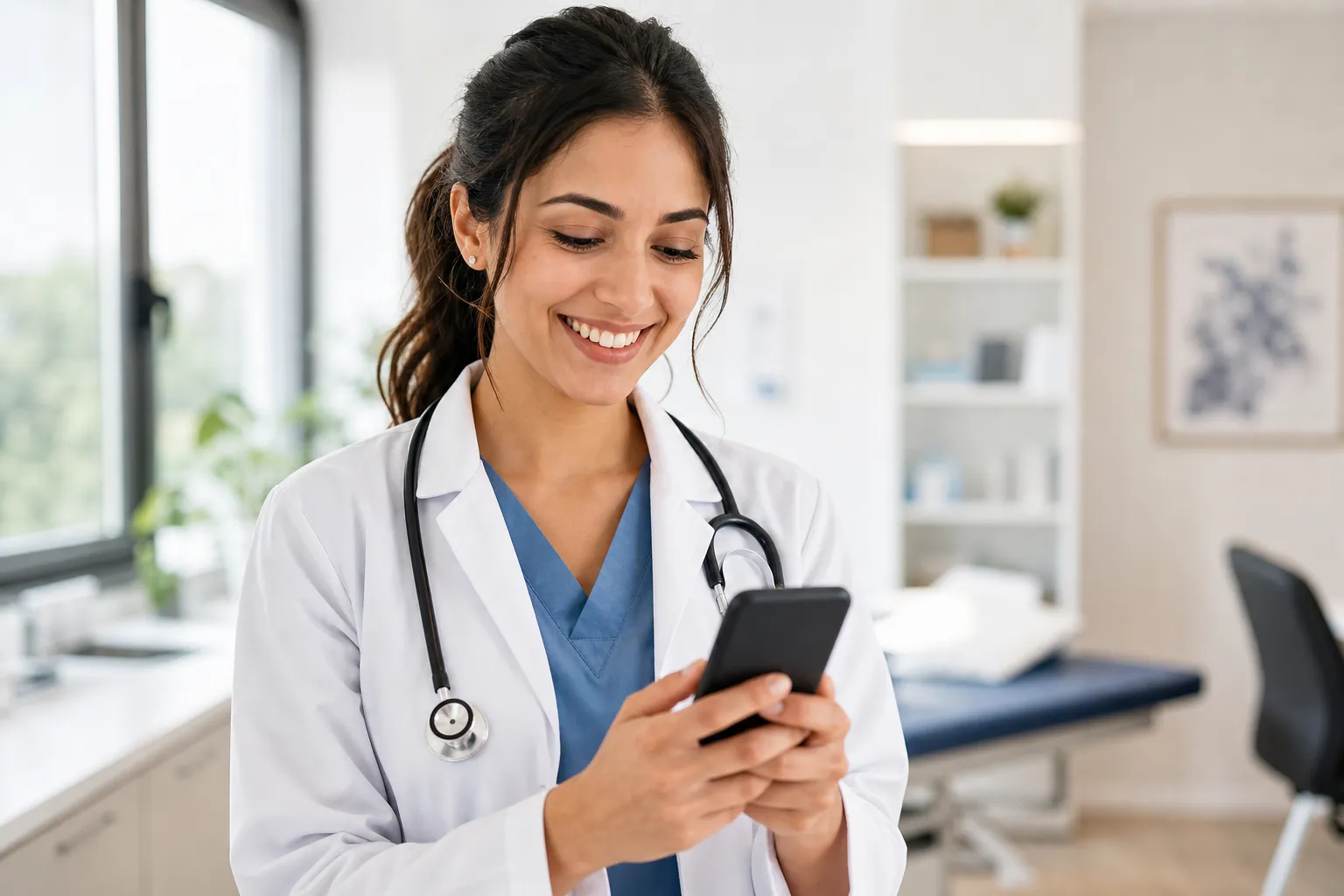 Profesional de la salud feliz mirando su teléfono