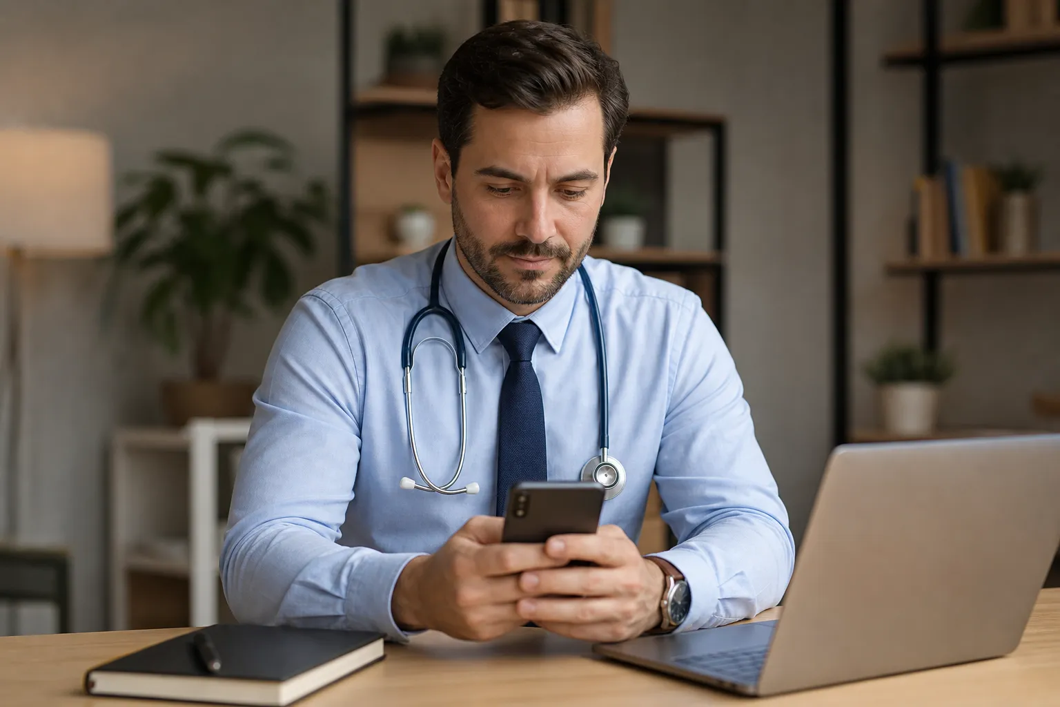 Profesional de la salud sentado mirando su celular